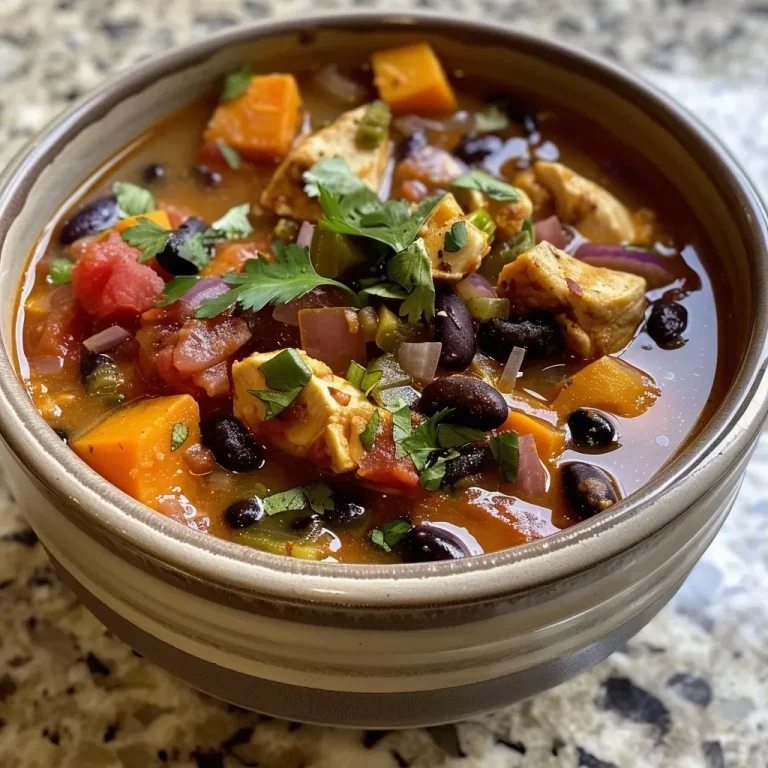 ['A close-up view of a bowl of Black Bean Sweet Potato Chicken Soup filled with vibrant ingredients.', 'A side view of a steaming bowl of chicken soup with black beans and sweet potato.', 'A detailed shot of hearty Black Bean Sweet Potato Chicken Soup garnished with fresh herbs.', 'A rich, colorful bowl of Black Bean Sweet Potato Chicken Soup ready to be served.']