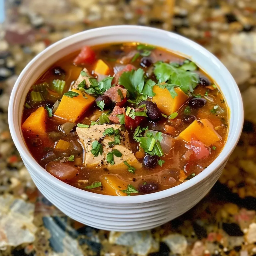 ['A close-up view of a bowl of Black Bean Sweet Potato Chicken Soup filled with vibrant ingredients.', 'A side view of a steaming bowl of chicken soup with black beans and sweet potato.', 'A detailed shot of hearty Black Bean Sweet Potato Chicken Soup garnished with fresh herbs.', 'A rich, colorful bowl of Black Bean Sweet Potato Chicken Soup ready to be served.']