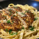 ['Close-up of blackened chicken Alfredo pasta with creamy sauce.', 'Side view of a plate of blackened chicken atop linguine pasta.', 'Juicy pieces of blackened chicken mixed with rich Alfredo sauce and pasta.', 'A bowl of blackened chicken Alfredo pasta garnished with parsley.']