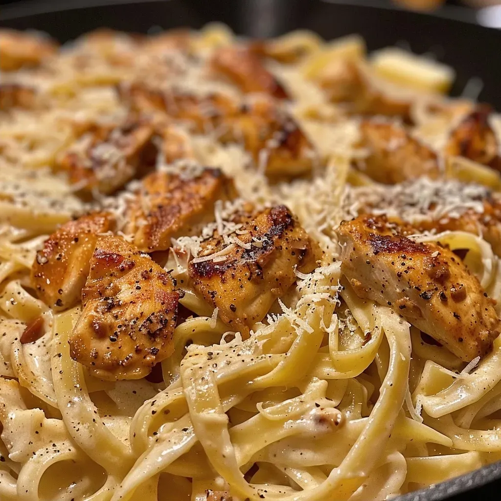 ['Close-up of blackened chicken Alfredo pasta with creamy sauce.', 'Side view of a plate of blackened chicken atop linguine pasta.', 'Juicy pieces of blackened chicken mixed with rich Alfredo sauce and pasta.', 'A bowl of blackened chicken Alfredo pasta garnished with parsley.']