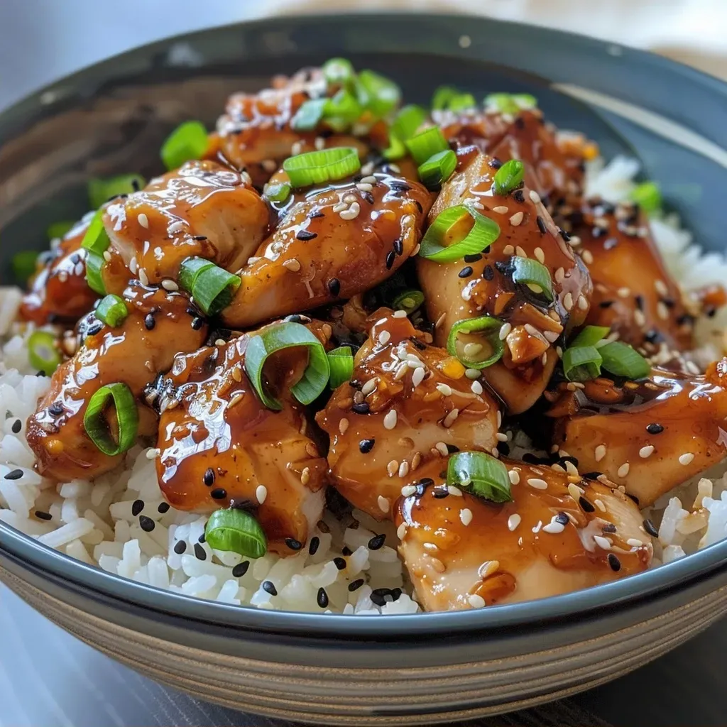 ['Close-up view of shiny, glazed Bourbon Chicken with rice and green onions.', 'Juicy Bourbon Chicken pieces coated in a rich sauce, served with rice.', 'Delicious Bourbon Chicken garnished with sliced green onions, highlighting its glossy texture.', 'Side view of tender Bourbon Chicken, showcasing the vibrant sauce and served over rice.']