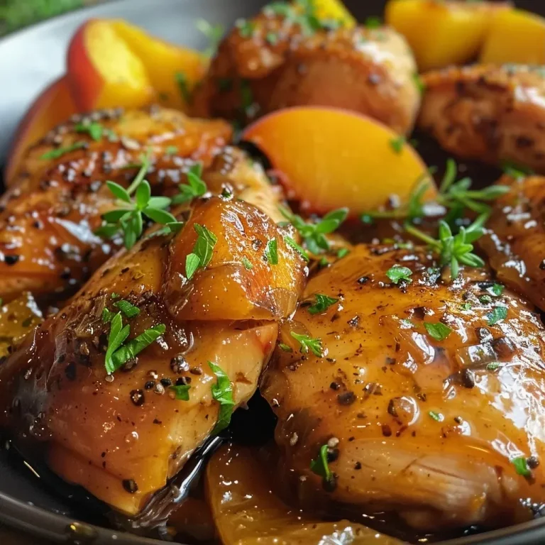 ['Juicy Bourbon Peach Chicken served with peach slices and garnished with thyme.', 'Close-up of Bourbon Peach Chicken with caramelized peaches and herbs.', 'Side view of tender chicken fillets glazed with bourbon sauce and surrounded by peach slices.', 'Bourbon Peach Chicken on a plate, featuring vibrant peaches and green herbs.']