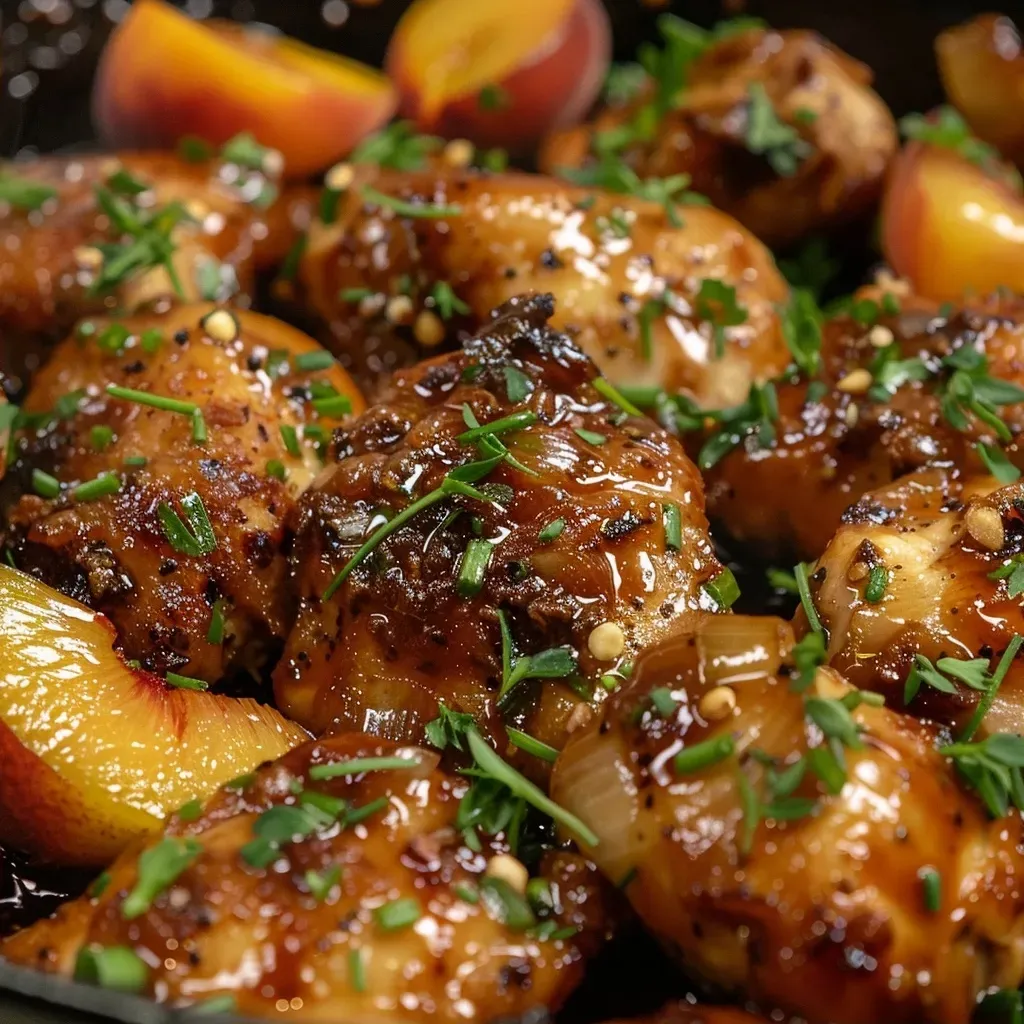 ['Juicy Bourbon Peach Chicken served with peach slices and garnished with thyme.', 'Close-up of Bourbon Peach Chicken with caramelized peaches and herbs.', 'Side view of tender chicken fillets glazed with bourbon sauce and surrounded by peach slices.', 'Bourbon Peach Chicken on a plate, featuring vibrant peaches and green herbs.']
