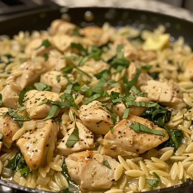 ['Close-up of a creamy Boursin chicken orzo dish with spinach.', 'Side view of Boursin chicken orzo, showcasing the juicy chicken and herbs.', 'Delicious Boursin chicken orzo served in a bowl with fresh spinach.', 'Juicy chicken cubes mixed with orzo and creamy Boursin cheese, garnished with parsley.']