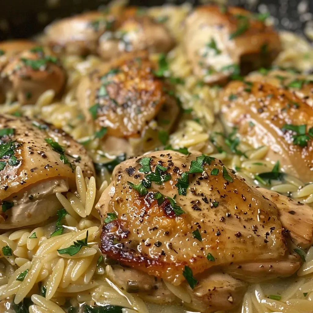 ['Close-up of a creamy Boursin chicken orzo dish with spinach.', 'Side view of Boursin chicken orzo, showcasing the juicy chicken and herbs.', 'Delicious Boursin chicken orzo served in a bowl with fresh spinach.', 'Juicy chicken cubes mixed with orzo and creamy Boursin cheese, garnished with parsley.']