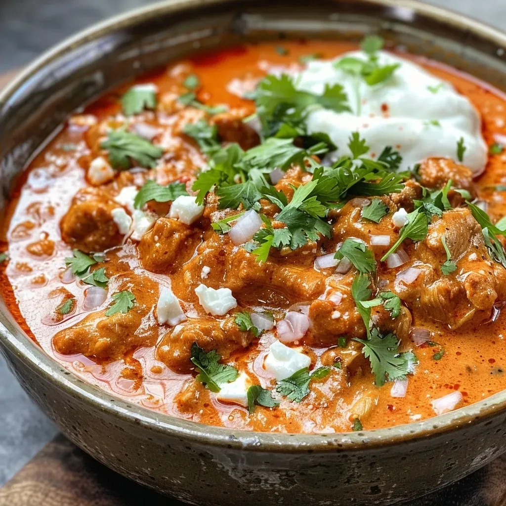 ['Close-up of a bowl of Butter Chicken Chili with visible chunks of chicken and creamy sauce.', 'Side view of Butter Chicken Chili showcasing its rich, colorful ingredients and garnishes.', 'Richly colored Butter Chicken Chili in a bowl, garnished with cilantro and raita.', 'A hearty serving of Butter Chicken Chili, featuring ground chicken and a creamy texture.']