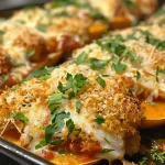 ['Close-up of a golden-brown Butternut Squash Chicken Parmesan topped with melted mozzarella and parsley.', 'Side view of a delicious Butternut Squash Chicken Parmesan displaying layers of chicken, squash, and marinara sauce.', 'Vibrant image of Butternut Squash Chicken Parmesan, showcasing crispy chicken tenders and garnished with fresh parsley.', 'Juicy Butternut Squash Chicken Parmesan with a glossy marinara sauce and bubbling cheese, presented on a plate.']