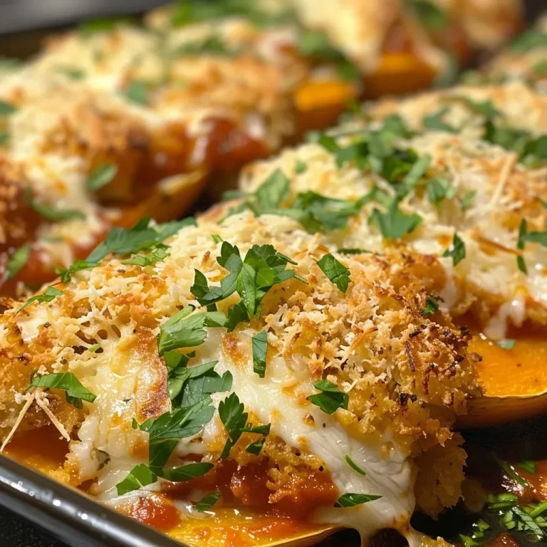 ['Close-up of a golden-brown Butternut Squash Chicken Parmesan topped with melted mozzarella and parsley.', 'Side view of a delicious Butternut Squash Chicken Parmesan displaying layers of chicken, squash, and marinara sauce.', 'Vibrant image of Butternut Squash Chicken Parmesan, showcasing crispy chicken tenders and garnished with fresh parsley.', 'Juicy Butternut Squash Chicken Parmesan with a glossy marinara sauce and bubbling cheese, presented on a plate.']