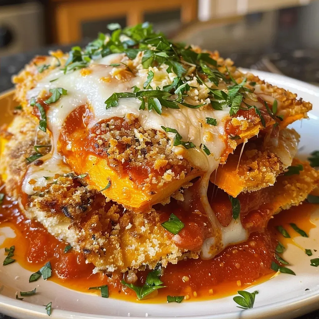 ['Close-up of a golden-brown Butternut Squash Chicken Parmesan topped with melted mozzarella and parsley.', 'Side view of a delicious Butternut Squash Chicken Parmesan displaying layers of chicken, squash, and marinara sauce.', 'Vibrant image of Butternut Squash Chicken Parmesan, showcasing crispy chicken tenders and garnished with fresh parsley.', 'Juicy Butternut Squash Chicken Parmesan with a glossy marinara sauce and bubbling cheese, presented on a plate.']