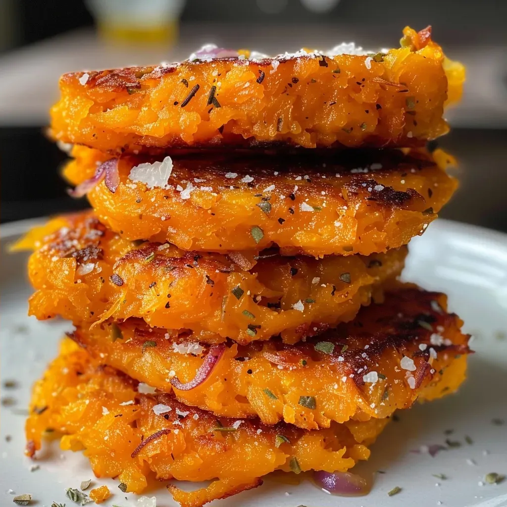['Close-up of golden-brown butternut squash fritters on a plate.', 'Side view of juicy butternut squash fritters garnished with herbs.', 'Crispy butternut squash fritters displayed on a wooden table.', 'Freshly cooked butternut squash fritters ready to be served.']