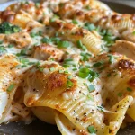 ['A close-up side view of Cajun Chicken Alfredo Stuffed Shells filled with creamy sauce and vibrant toppings.', 'Juicy Cajun Chicken Alfredo Stuffed Shells with a creamy filling and garnished with green onions and cheese.', 'A detailed shot showcasing stuffed pasta shells filled with Cajun chicken and Alfredo sauce, topped with herbs.', 'A vibrant side view of large pasta shells stuffed with chicken and broccoli, drizzled in creamy Alfredo sauce.']