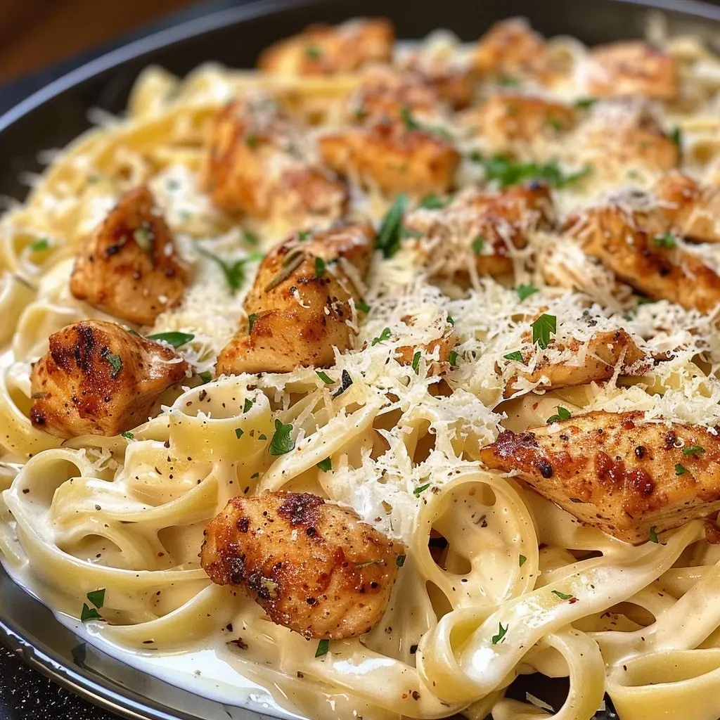 Close-up view of a bowl filled with creamy Cajun Chicken Alfredo, showcasing juicy chicken and fresh parsley.