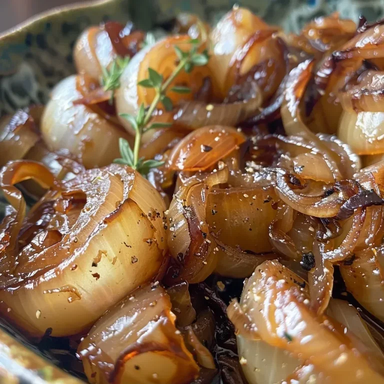 ['Close-up shot of caramelized onions in a pan, glistening with butter.', 'Side view of a skillet filled with golden-brown caramelized onions.', 'Juicy, glossy caramelized onions cooked to perfection in a frying pan.', 'Detailed view of rich, dark caramelized onions seasoned with thyme.']
