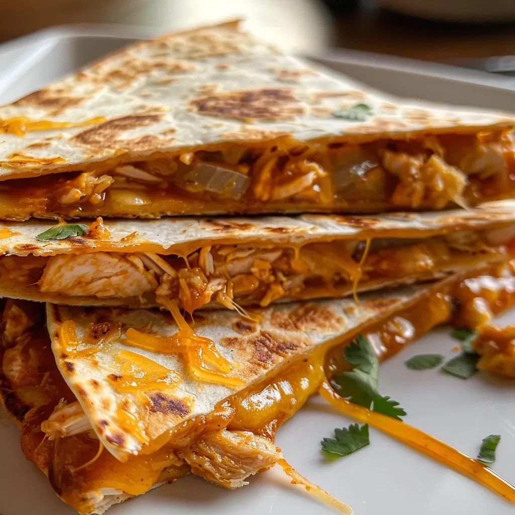 ['Close-up view of a Chicken al Pastor Quesadilla with melted cheese and colorful ingredients.', 'Juicy Chicken al Pastor Quesadilla with shredded cheese and diced onion, displayed enticingly.', 'Side view of a Chicken al Pastor Quesadilla, highlighting the warm filling and crispy tortilla.', 'Tasty Chicken al Pastor Quesadilla, showcasing layers of cheese, chicken, and fresh cilantro.']