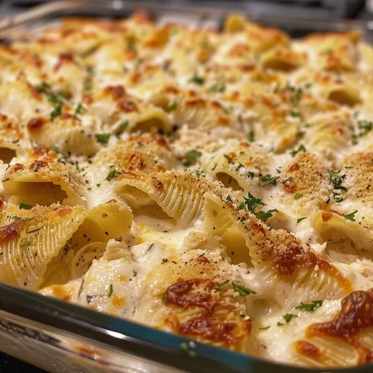 ['Close-up view of creamy Chicken Alfredo stuffed pasta shells.', 'Juicy Chicken Alfredo Shells filled with cheese and chicken.', 'Side angle of jumbo pasta shells in rich Alfredo sauce.', 'Deliciously baked Chicken Alfredo Shells garnished with parsley.']