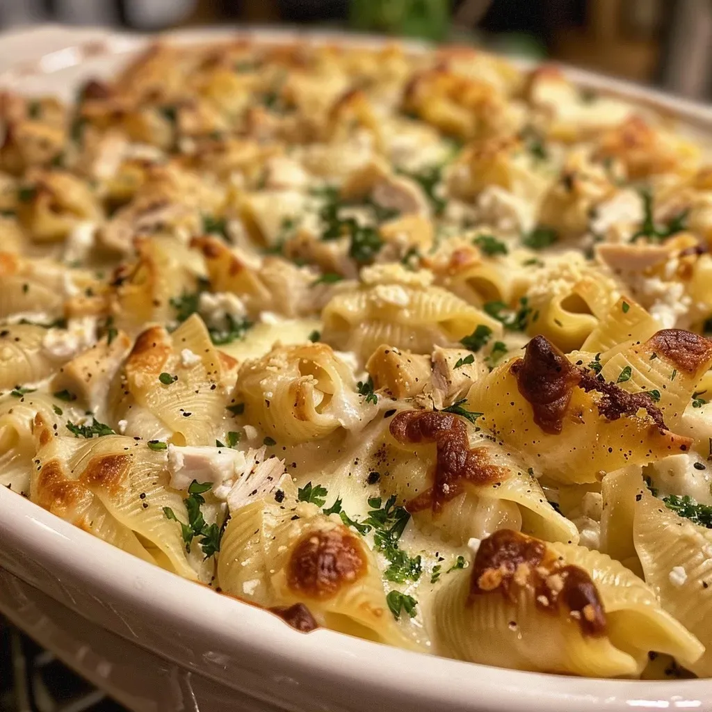 ['Close-up view of creamy Chicken Alfredo stuffed pasta shells.', 'Juicy Chicken Alfredo Shells filled with cheese and chicken.', 'Side angle of jumbo pasta shells in rich Alfredo sauce.', 'Deliciously baked Chicken Alfredo Shells garnished with parsley.']