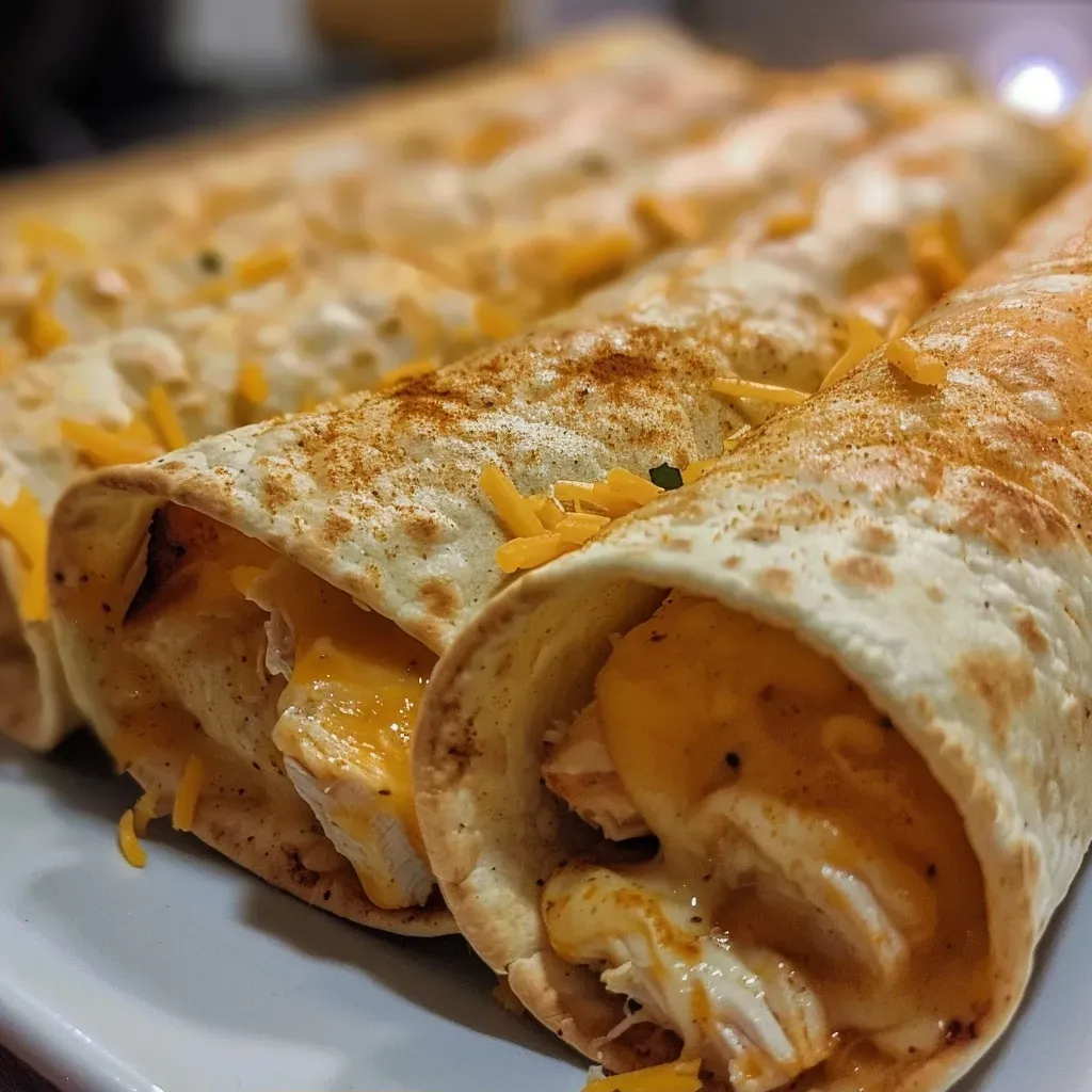 ['A close-up of golden-brown chicken and cheese taquitos on a plate.', 'Juicy chicken and cheese taquitos garnished with cilantro.', 'A side view of crispy taquitos filled with chicken and melted cheese.', 'A delicious serving of chicken and cheese taquitos ready to enjoy.']