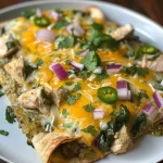 ['Close-up of juicy chicken and spinach enchiladas verde topped with cheese and cilantro.', 'Side view of enchiladas verde filled with chicken and spinach, garnished with red onion.', 'Delicious plate of chicken and spinach enchiladas verde with salsa verde sauce and cheese.', 'Mouthwatering chicken and spinach enchiladas verde, visually appealing and garnished.']