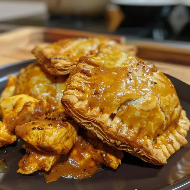 ['Close-up view of a golden-brown Chicken Balti Pie, showcasing flaky pastry and rich filling.', 'Side view of a freshly baked Chicken Balti Pie with visible spices and juicy chicken pieces.', 'Delicious Chicken Balti Pie cut open, revealing savory filling and crisp pastry edges.', 'A tempting Chicken Balti Pie with a glossy finish and scattered Nigella seeds on top.']
