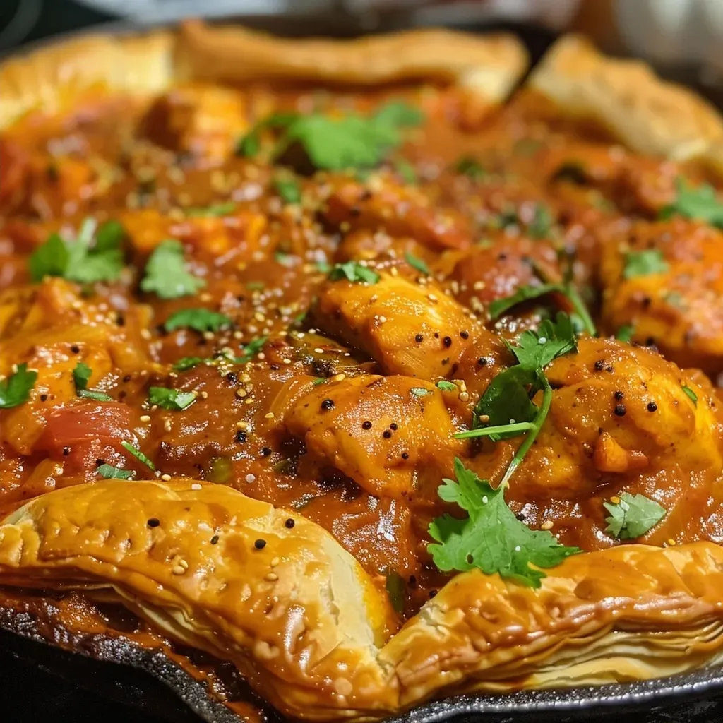 ['Close-up view of a golden-brown Chicken Balti Pie, showcasing flaky pastry and rich filling.', 'Side view of a freshly baked Chicken Balti Pie with visible spices and juicy chicken pieces.', 'Delicious Chicken Balti Pie cut open, revealing savory filling and crisp pastry edges.', 'A tempting Chicken Balti Pie with a glossy finish and scattered Nigella seeds on top.']