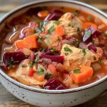 ['A side view of a bowl of Chicken Borscht with vibrant red beetroot, chunks of chicken, and fresh herbs.', 'Close-up of a steaming bowl of Chicken Borscht showcasing rich red color from beetroot and shredded vegetables.', 'A colorful serving of Chicken Borscht with visible chicken, shredded cabbage, and vibrant beets in a deep bowl.', 'A detailed view of Chicken Borscht, highlighting the contrasting colors of vegetables and the texture of the chicken.']