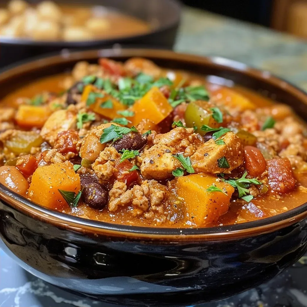 Close-up view of a steaming bowl of chicken chili with pumpkin, showcasing vibrant colors and textures.