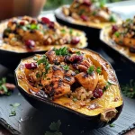 ['Side view of a halved acorn squash stuffed with Chicken Chipotle and cranberries.', 'Close-up of a delicious Chicken Chipotle and Cranberry stuffed acorn squash on a wooden table.', 'Halved acorn squash filled with grilled chicken, rice, cranberries, and garnished with parsley.', 'Juicy acorn squash showcasing a savory filling of chipotle chicken and cranberries.']