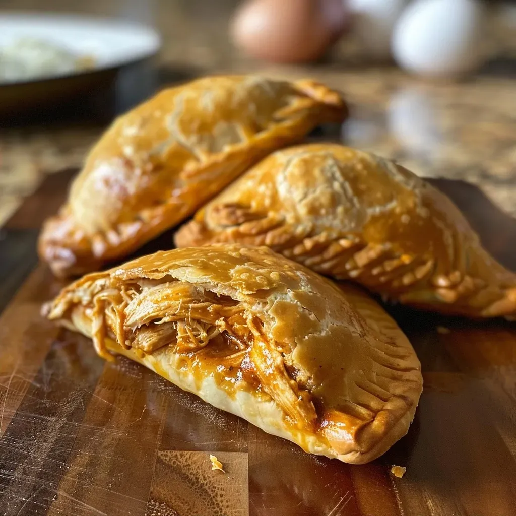 ['Close-up side view of juicy chicken empanadas on a plate.', 'Succulent chicken empanadas displayed, showcasing their golden crust.', 'Delicious chicken empanadas, filled and ready to eat, captured in detail.', 'A tempting side view of freshly baked chicken empanadas with a crispy shell.']