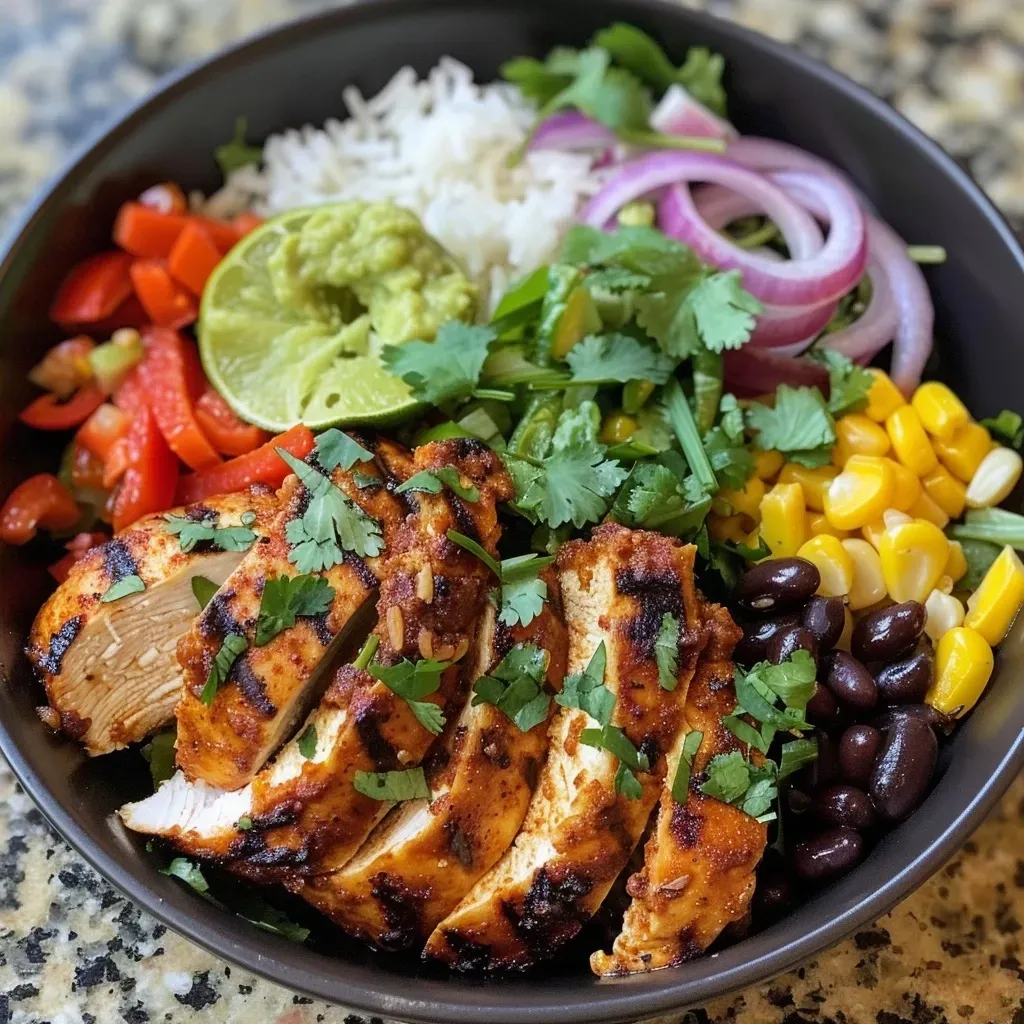 ['Juicy Chicken Fajita Bowl with rice, veggies, and toppings arranged in a vibrant presentation.', 'A colorful Chicken Fajita Bowl featuring strips of chicken, bell peppers, and avocado over a bed of rice.', 'Close-up view of a Chicken Fajita Bowl filled with chicken, bell peppers, lettuce, and cheese.', 'Delicious Chicken Fajita Bowl showcasing various fresh ingredients and a lime wedge on the side.']