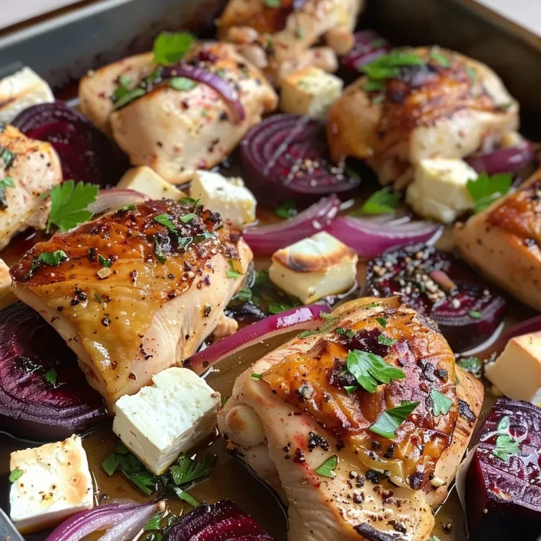 ['Close-up view of a Chicken, Feta, and Roasted Beetroot Bake on a plate.', 'Side angle of a colorful Chicken Bake featuring roasted beetroots and Feta cheese.', 'Juicy pieces of chicken and vibrant roasted beetroot in a bake dish.', 'Delicious Chicken, Feta, and beetroot dish with a golden-brown crust.']