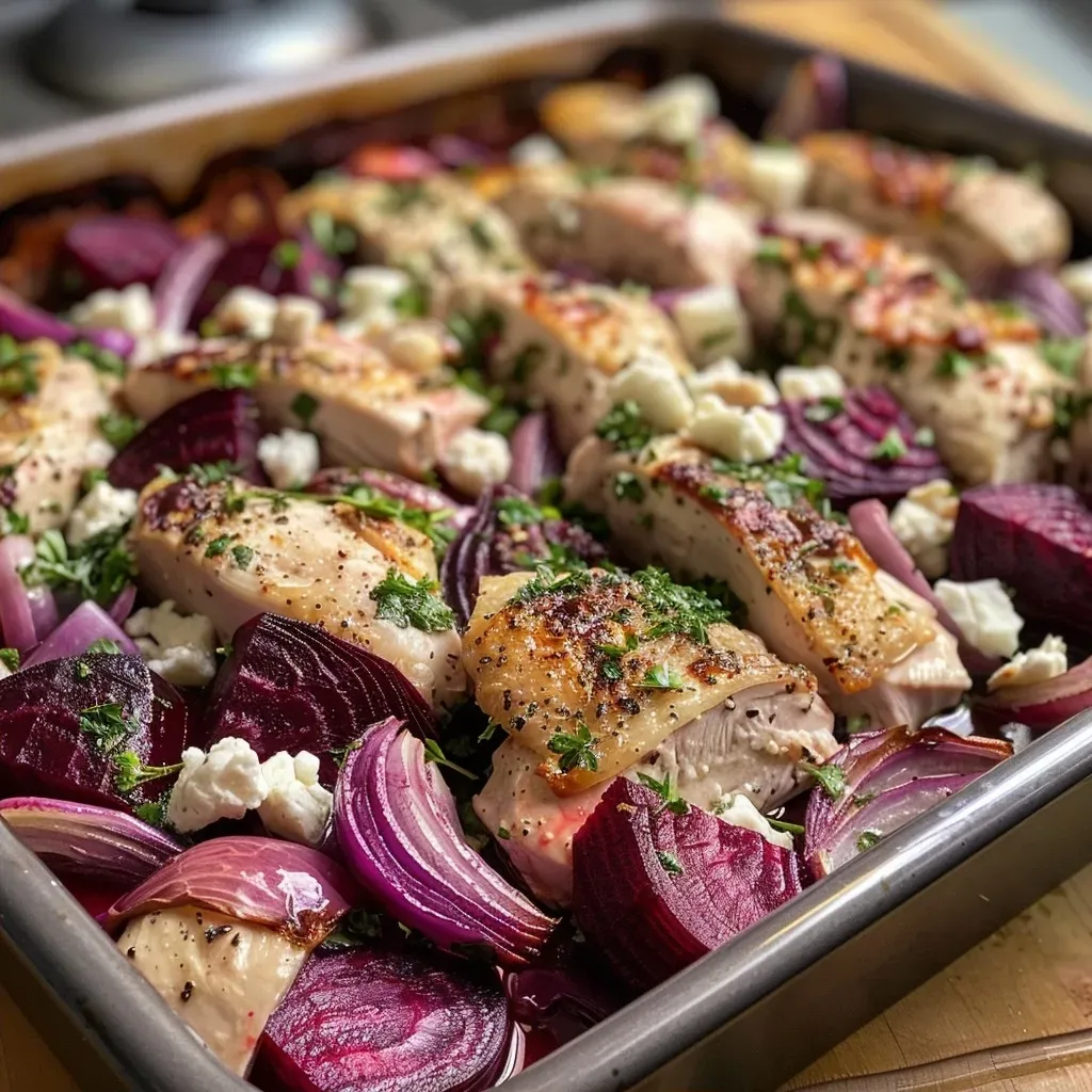 ['Close-up view of a Chicken, Feta, and Roasted Beetroot Bake on a plate.', 'Side angle of a colorful Chicken Bake featuring roasted beetroots and Feta cheese.', 'Juicy pieces of chicken and vibrant roasted beetroot in a bake dish.', 'Delicious Chicken, Feta, and beetroot dish with a golden-brown crust.']