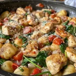 ['Close-up view of a Chicken Gnocchi Skillet with colorful ingredients.', 'A skillet filled with Chicken Gnocchi, showcasing juicy chicken and fresh vegetables.', 'Side view of a Chicken Gnocchi dish, highlighting gnocchi and vibrant grape tomatoes.', 'Delicious Chicken Gnocchi Skillet topped with fresh spinach and parmesan cheese.']