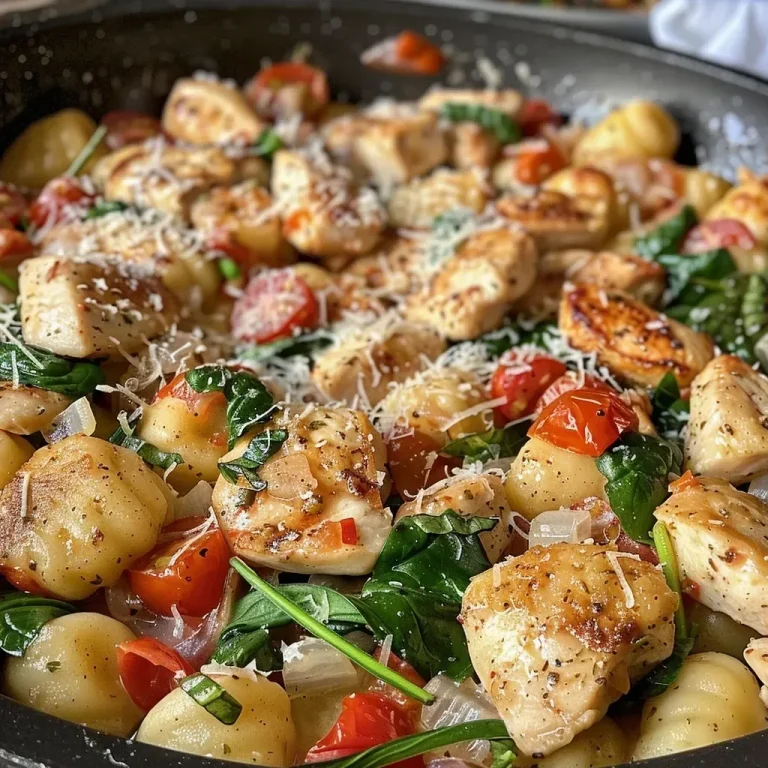 ['Close-up view of a Chicken Gnocchi Skillet with colorful ingredients.', 'A skillet filled with Chicken Gnocchi, showcasing juicy chicken and fresh vegetables.', 'Side view of a Chicken Gnocchi dish, highlighting gnocchi and vibrant grape tomatoes.', 'Delicious Chicken Gnocchi Skillet topped with fresh spinach and parmesan cheese.']