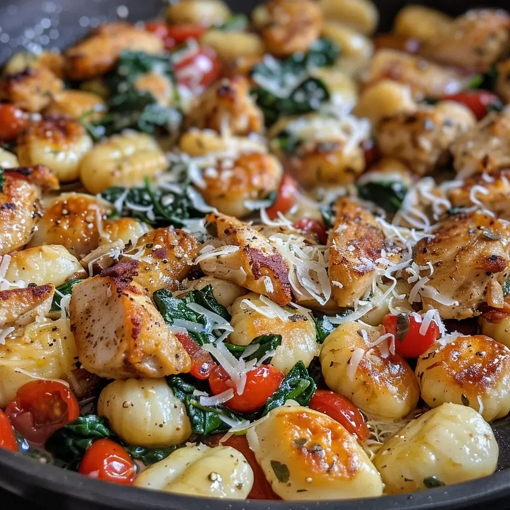 ['Close-up view of a Chicken Gnocchi Skillet with colorful ingredients.', 'A skillet filled with Chicken Gnocchi, showcasing juicy chicken and fresh vegetables.', 'Side view of a Chicken Gnocchi dish, highlighting gnocchi and vibrant grape tomatoes.', 'Delicious Chicken Gnocchi Skillet topped with fresh spinach and parmesan cheese.']