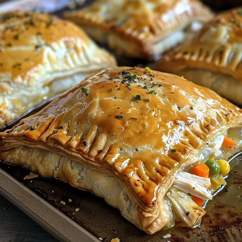['Close-up of golden-brown chicken hand pies with flaky crust.', 'Side view of juicy chicken hand pies, showcasing the flaky pastry and filling.', 'Detailed image of chicken hand pies with visible diced vegetables and chicken inside.', 'Colorful chicken hand pies arranged on a plate, highlighting their crispy crust.']