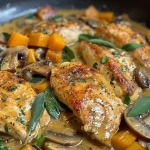 ['A close-up view of juicy chicken fillets served in a creamy butternut squash mushroom sauce.', 'Juicy chicken breast in a rich butternut squash and mushroom cream sauce, garnished with fresh sage.', 'A side view of succulent chicken breasts surrounded by a vibrant butternut squash and mushroom sauce.', 'A delicious dish featuring chicken in a thick butternut squash and mushroom cream sauce, with herbs scattered on top.']