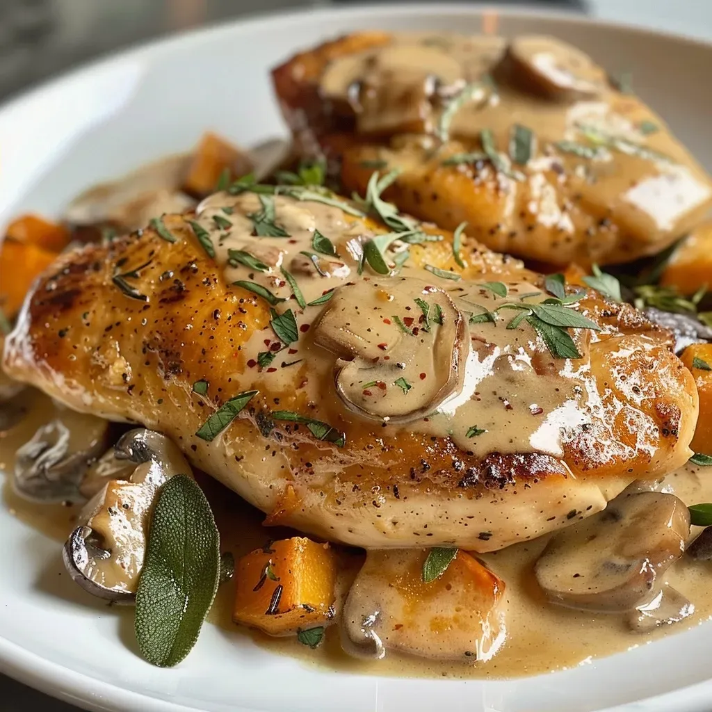 ['Close-up of juicy chicken breast in a creamy butternut squash and mushroom sauce.', 'Side view of tender chicken fillets surrounded by a rich butternut squash mushroom cream sauce.', 'Delicious chicken in a vibrant butternut squash sauce with mushrooms, garnished with herbs.', 