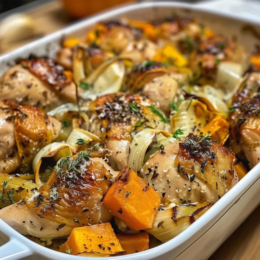 ['Close-up view of a Chicken, Leek, and Butternut Squash Bake in a white dish.', 'Side angle of a hearty Chicken Bake with vegetables, showcasing golden-brown chicken pieces.', 'A delicious serving of Chicken, Leek, and Butternut Squash Bake with a crispy topping.', 'Colorful Chicken Bake featuring diced butternut squash, leeks, and chicken thighs.']
