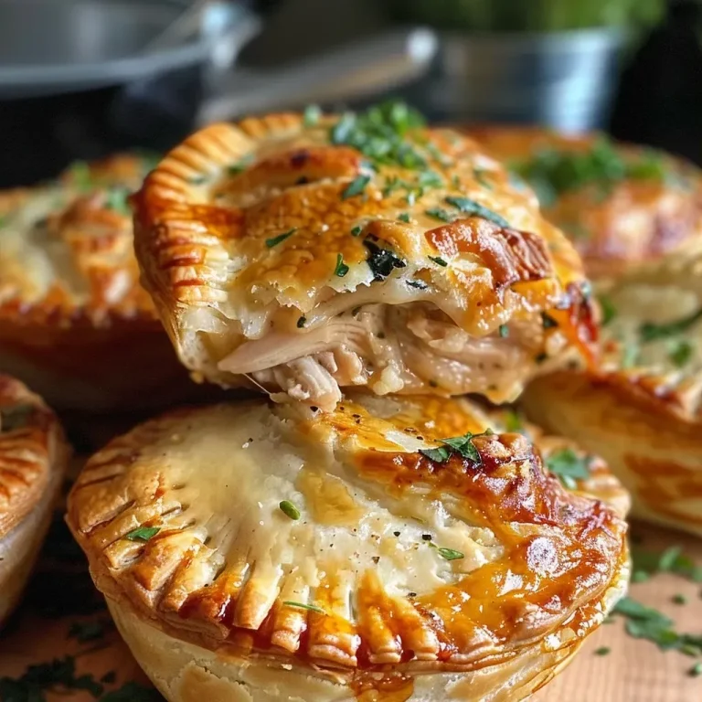 ['Close-up of a golden-brown chicken mini pie with flaky crust.', 'Side view of juicy chicken mini pies, showcasing crispy pastry and filling.', 'Handheld chicken mini pie, highlighting the flaky exterior and savory filling.', 'A plate of freshly baked chicken mini pies with an inviting golden crust.']