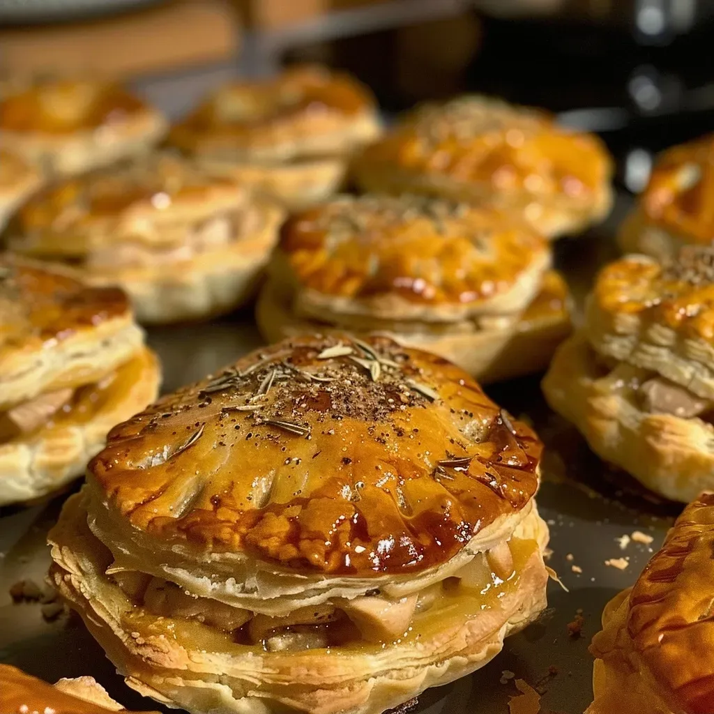['Close-up of a golden-brown chicken mini pie with flaky crust.', 'Side view of juicy chicken mini pies, showcasing crispy pastry and filling.', 'Handheld chicken mini pie, highlighting the flaky exterior and savory filling.', 'A plate of freshly baked chicken mini pies with an inviting golden crust.']