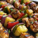 ['Close-up view of juicy Chicken Pineapple Kabobs on a skewer.', 'Side view of colorful Chicken Pineapple Kabobs with vibrant vegetables.', 'Grilled Chicken Pineapple Kabobs featuring chicken, pineapple, and peppers.', 'Succulent Chicken Pineapple Kabobs displayed on a wooden surface.']