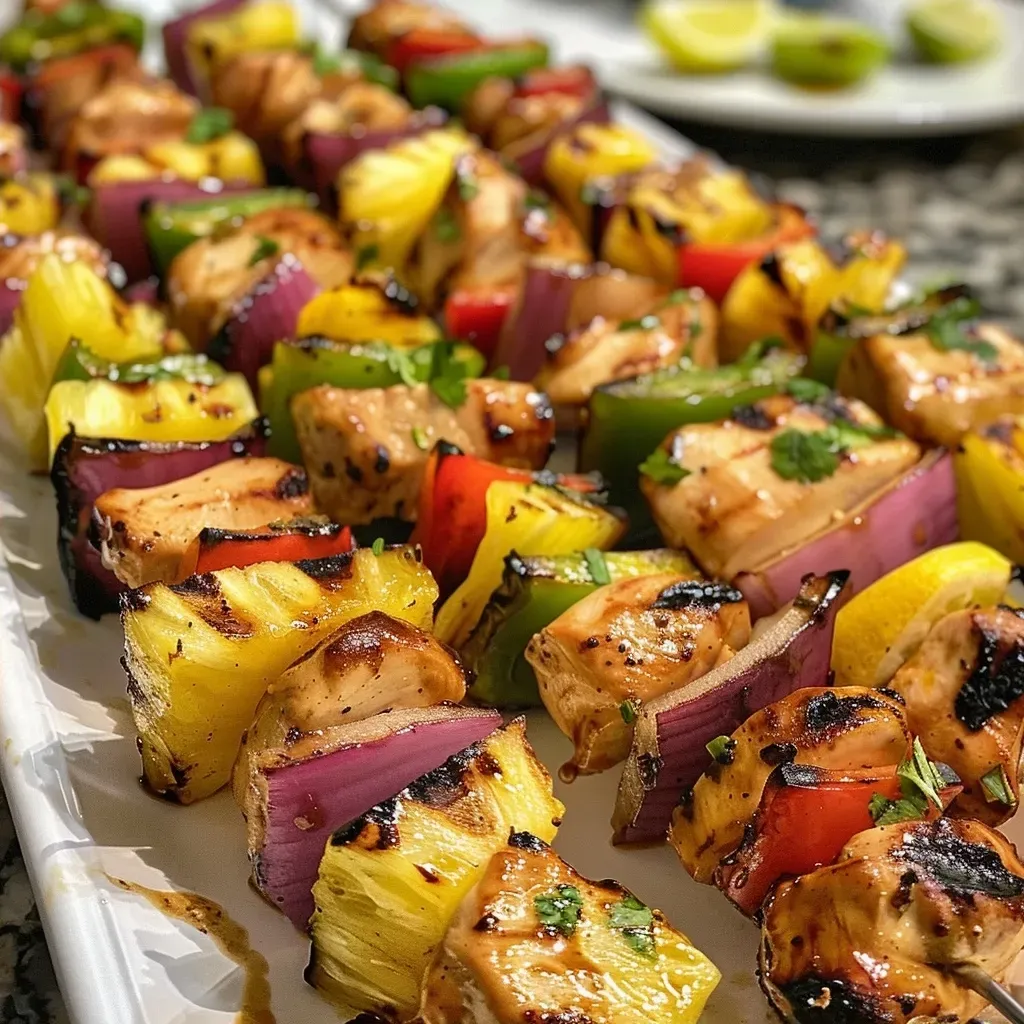 ['Close-up view of juicy Chicken Pineapple Kabobs on a skewer.', 'Side view of colorful Chicken Pineapple Kabobs with vibrant vegetables.', 'Grilled Chicken Pineapple Kabobs featuring chicken, pineapple, and peppers.', 'Succulent Chicken Pineapple Kabobs displayed on a wooden surface.']