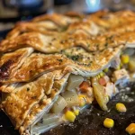 ['Close-up of a golden-brown Chicken Pot Pie Galette with flaky crust and visible filling.', 'Side view of a Chicken Pot Pie Galette showcasing its crispy exterior and hearty contents.', 'Juicy Chicken Pot Pie Galette captured in detail, highlighting the rich filling and buttery crust.', 'Delicious Chicken Pot Pie Galette with a rustic appearance, revealing chunks of chicken and vegetables.']