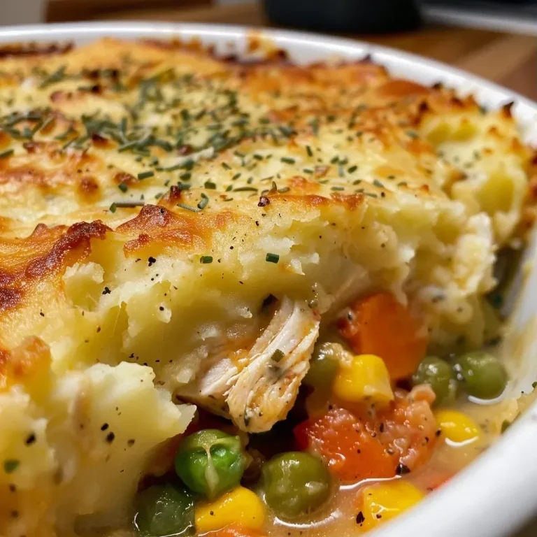 ["Close-up view of a slice of Chicken Shepherd's Pie, showcasing its golden mashed potato topping and colorful filling.", "Side view of Chicken Shepherd's Pie, revealing layers of chicken and vegetables beneath a creamy potato crust.", "Juicy Chicken Shepherd's Pie displayed in a dish, with a focus on the fluffy mashed potatoes topping.", "Detailed side shot of Chicken Shepherd's Pie, highlighting its savory ingredients and texture."]