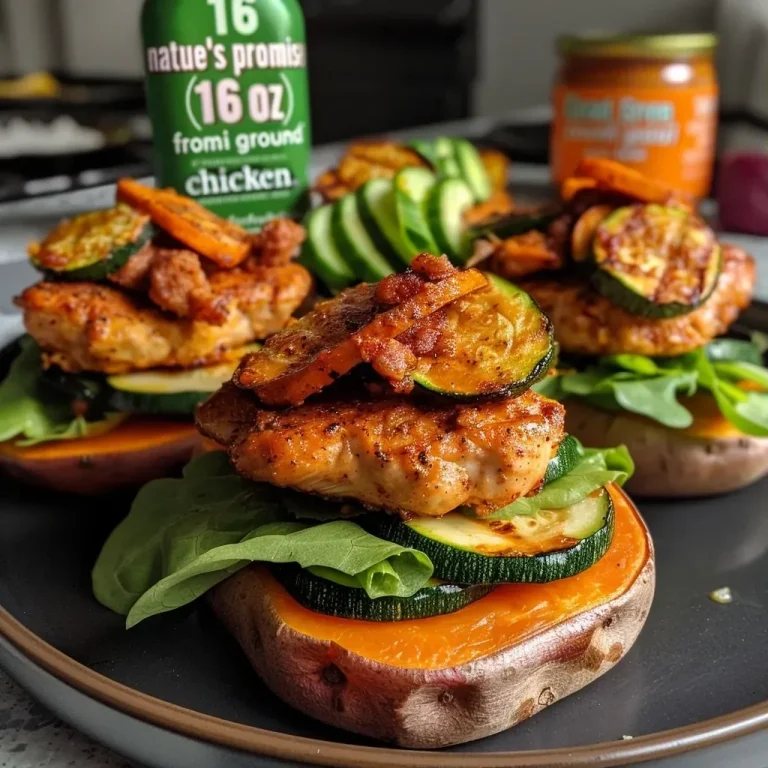 ['Juicy chicken sliders stacked on vibrant orange sweet potato buns.', 'Close-up of chicken sliders garnished with lettuce on sweet potato buns.', 'Appetizing chicken sliders served on sweet potato buns against a neutral background.', 'Tasty chicken sliders with zucchini and lettuce displayed on colorful sweet potato buns.']