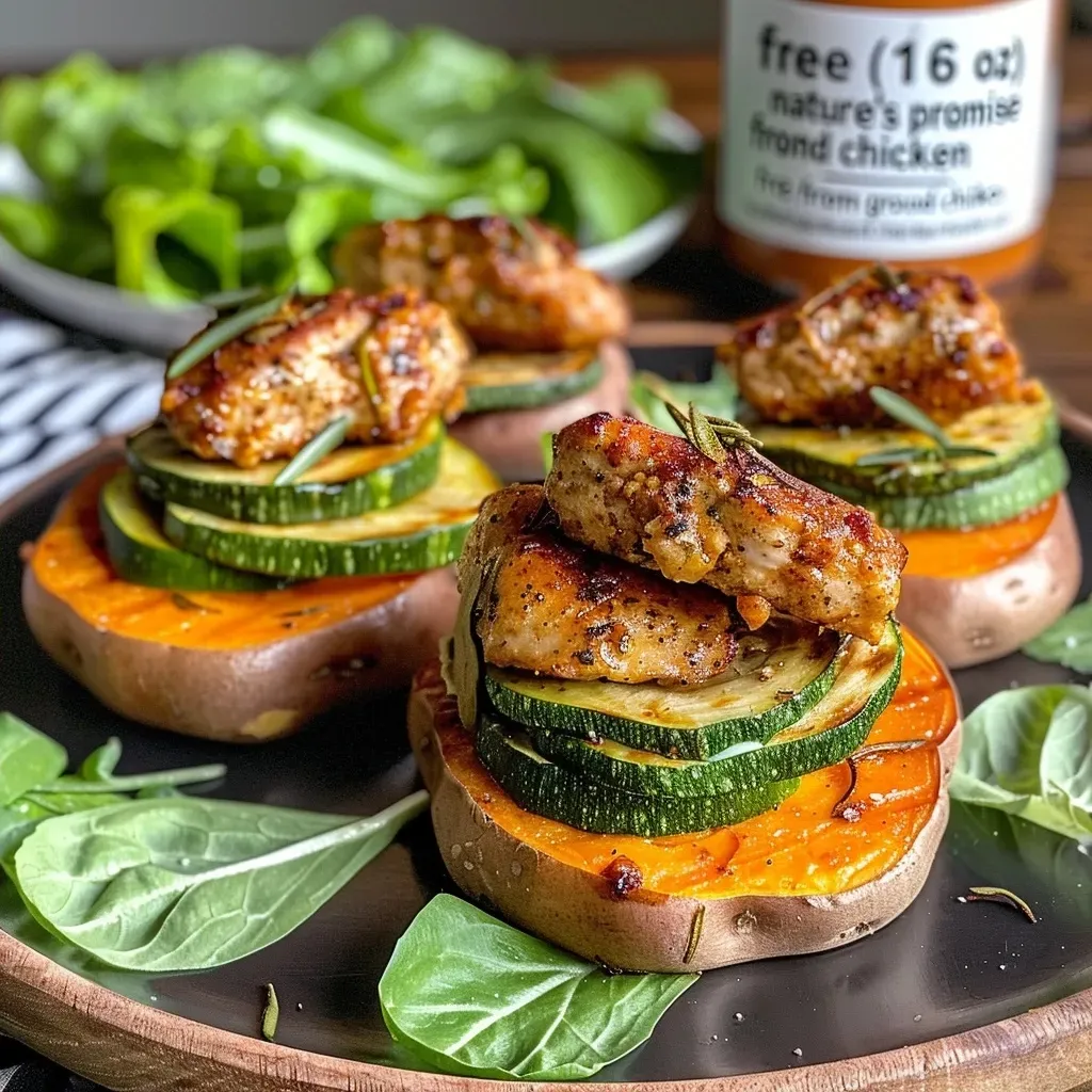 ['Juicy chicken sliders stacked on vibrant orange sweet potato buns.', 'Close-up of chicken sliders garnished with lettuce on sweet potato buns.', 'Appetizing chicken sliders served on sweet potato buns against a neutral background.', 'Tasty chicken sliders with zucchini and lettuce displayed on colorful sweet potato buns.']