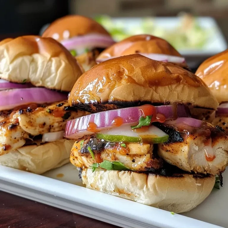 ['Juicy chicken sliders on soft rolls with caramelized onions.', 'Close-up view of chicken sliders garnished with barbecue sauce.', 'Side view of slider rolls filled with grilled chicken and toppings.', 'Delicious chicken sliders stacked on a wooden serving board.']