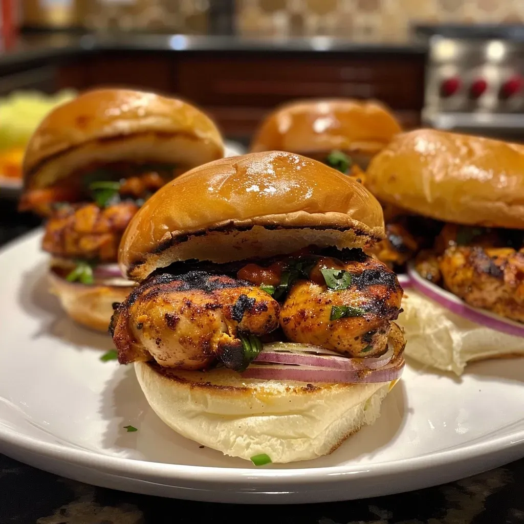 ['Juicy chicken sliders on soft rolls with caramelized onions.', 'Close-up view of chicken sliders garnished with barbecue sauce.', 'Side view of slider rolls filled with grilled chicken and toppings.', 'Delicious chicken sliders stacked on a wooden serving board.']