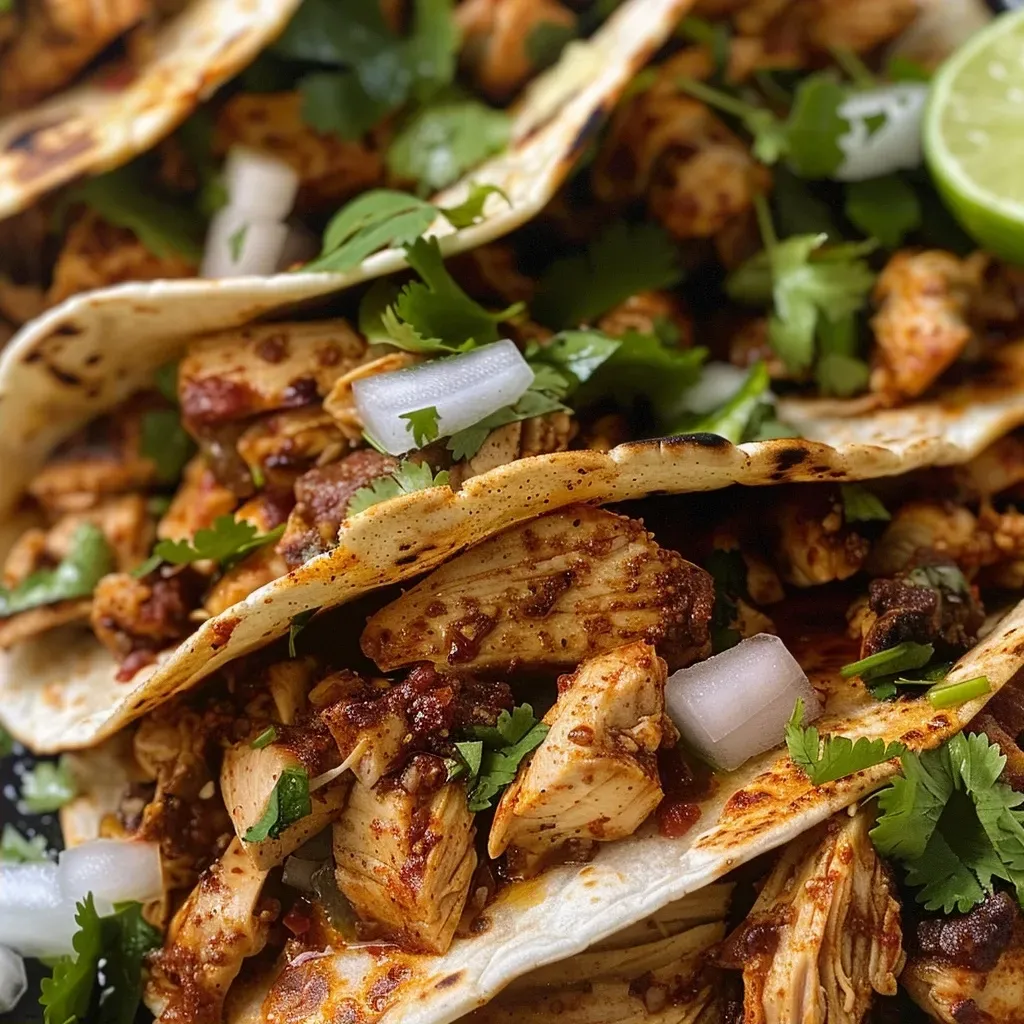 ['Close-up view of Chicken Street Tacos featuring diced chicken on corn tortillas.', 'Juicy Chicken Street Tacos garnished with diced onions and cilantro, served with lime wedges.', 'Side view of flavorful Chicken Street Tacos with fresh ingredients, ready to eat.', 'Delicious Chicken Street Tacos displayed on a plate, highlighting toppings and textures.']