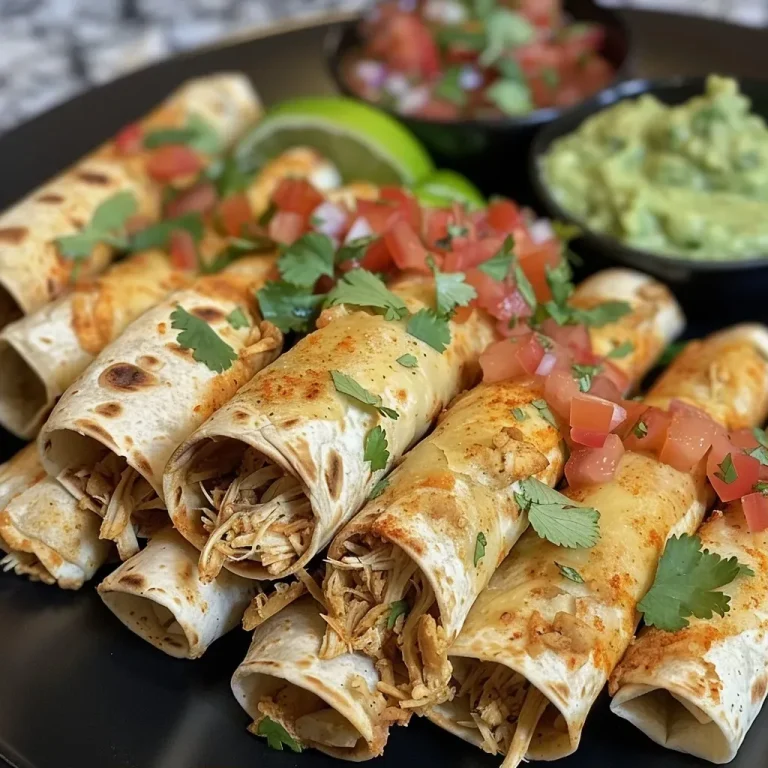 ['Close-up view of crispy chicken taquitos filled with shredded chicken and topped with cheese.', 'Side angle of golden-brown chicken taquitos garnished with fresh tomatoes and creamy sauce.', 'Delicious chicken taquitos arranged on a plate, showcasing the juicy filling and crispy exterior.', 'Appetizing chicken taquitos viewed from the side, highlighting their texture and toppings.']